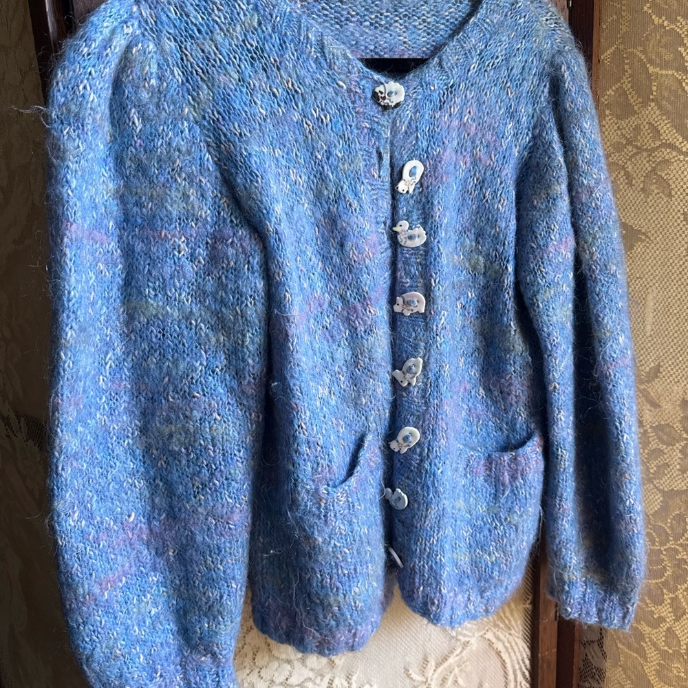 Blue Knit Cardigan with Ceramic Animal Buttons